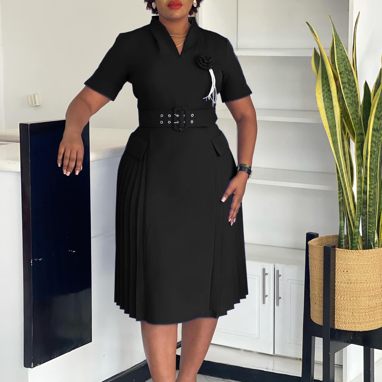 

Модное и элегантное платье с V-образным вырезом, однотонное, большого размера, плиссированное, с высокой талией, для женщин XXXL чёрный