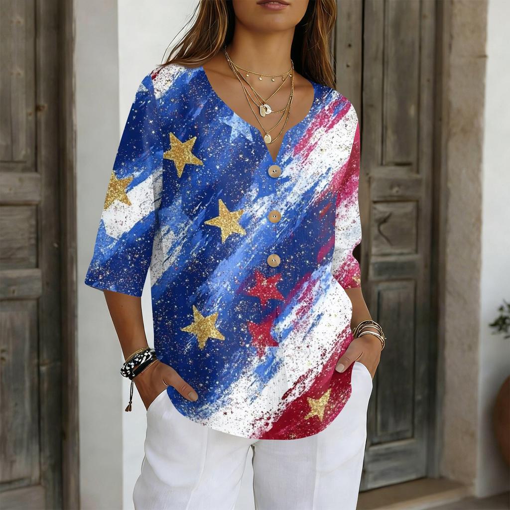 Women's V Neck Button Front Pullover Top Three Quarter Sleeve Casual Tunic Shirt with Independence Day Print
