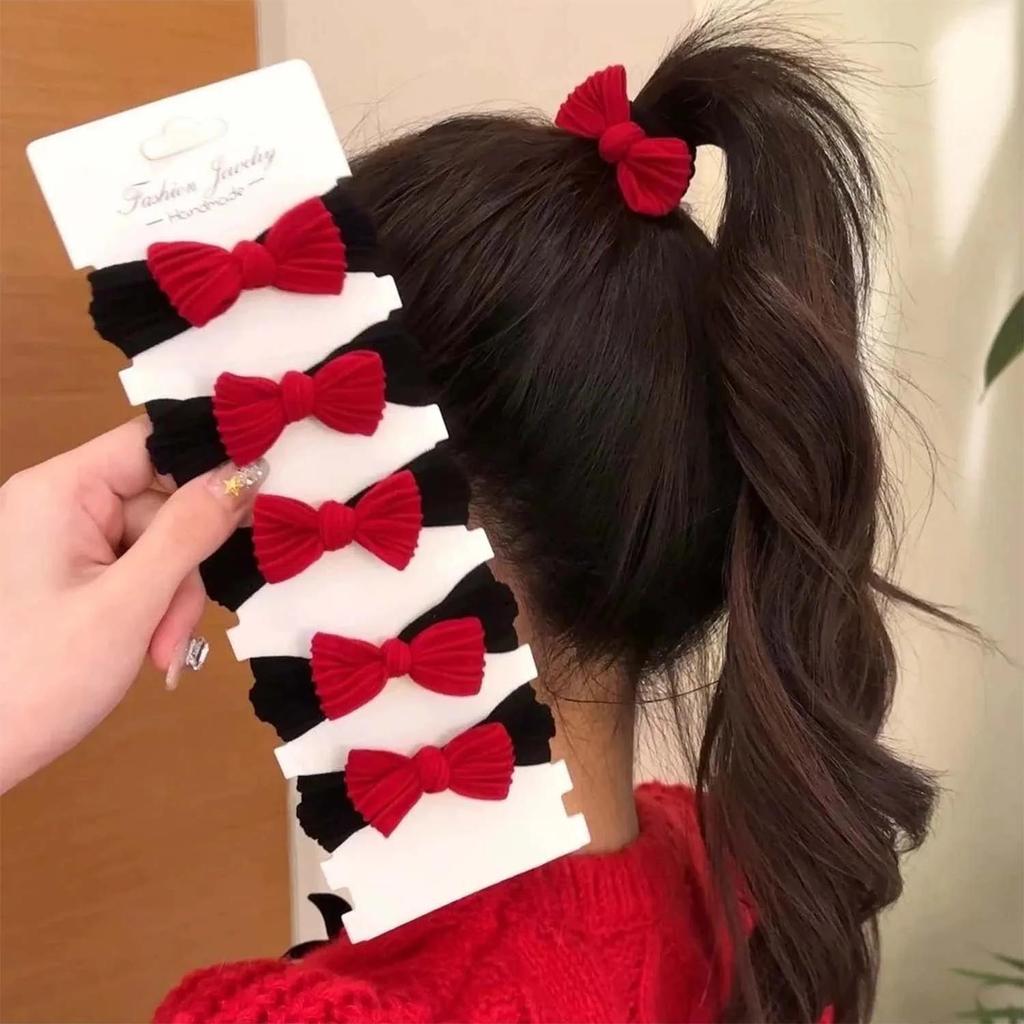 Korean Red Sweet Bowknot Hair Bands for Girls Scrunchies Simple Black Elastic Hair Ties Ropes Ponytail Holder Fashion Headwear