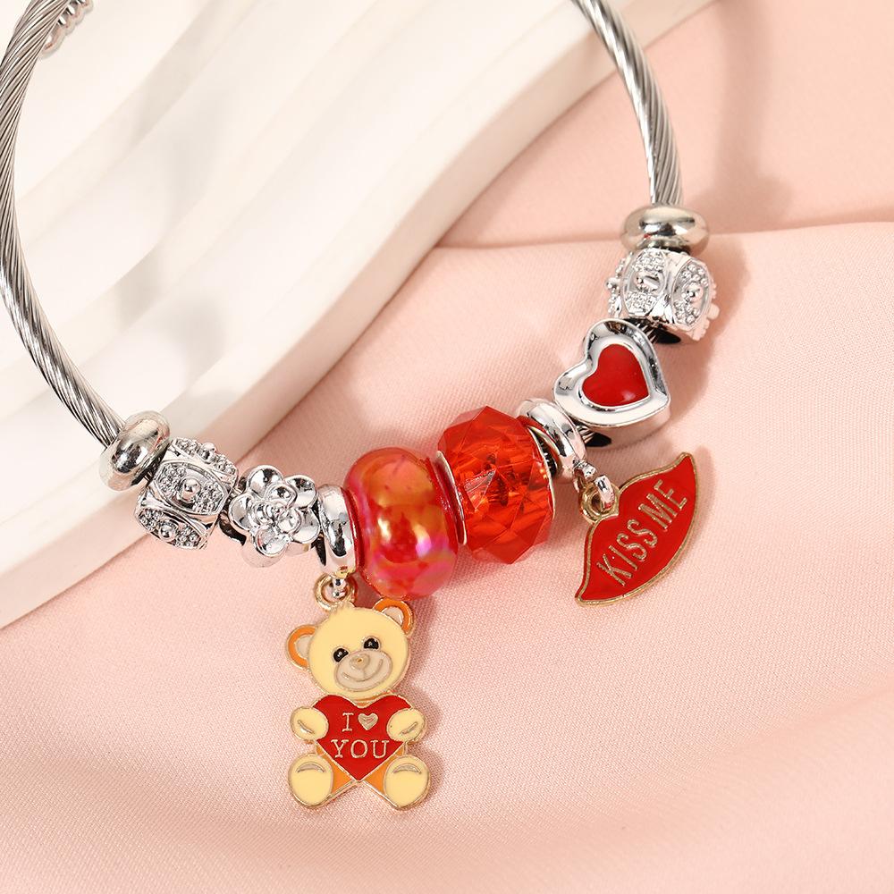 Cute Cartoon Bear Angel Heart Beaded Bracelet Stainless Steel Valentine Gift for Her Girlfriend Women