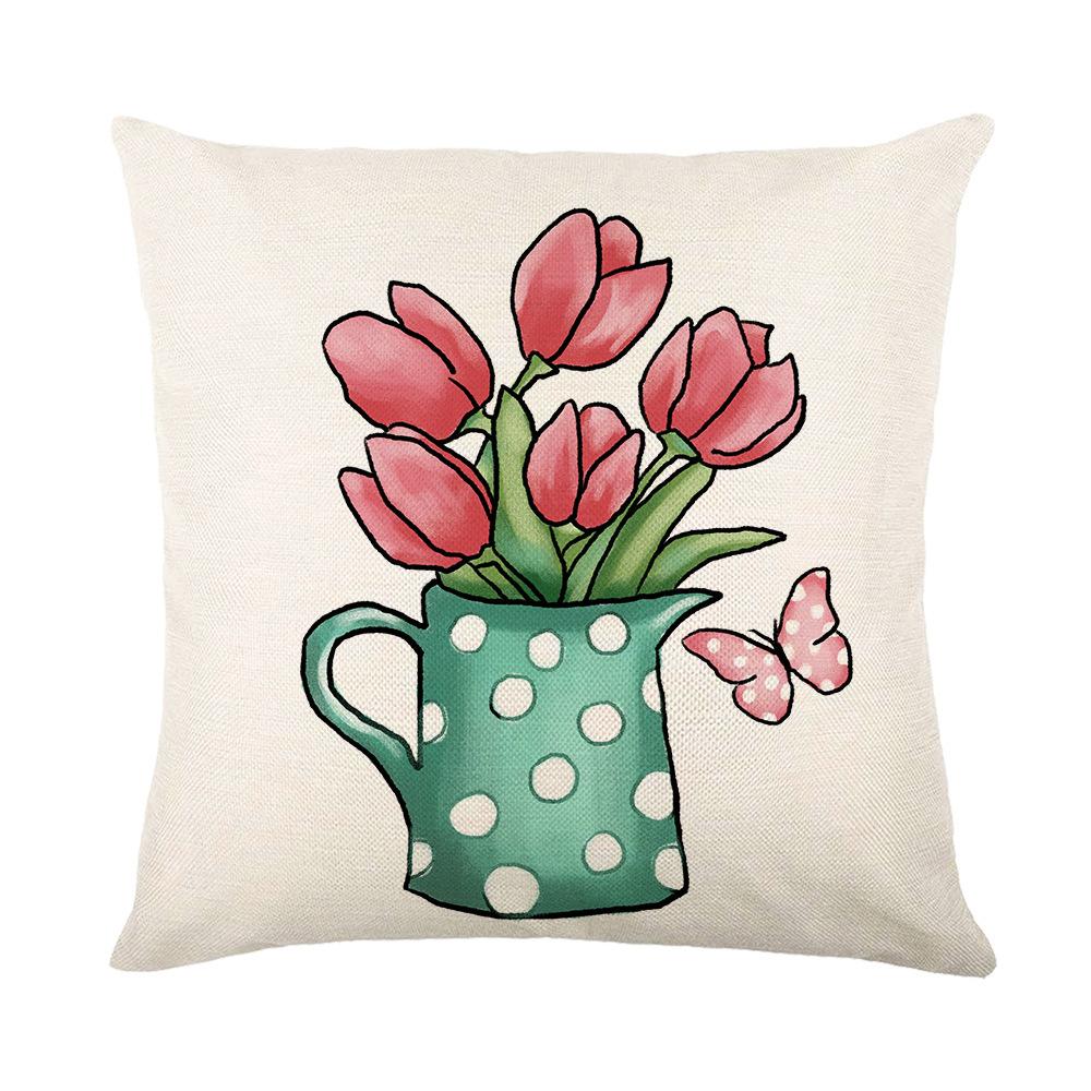 Home Spring Floral Pillow Cover Linen Letter Sofa Cushion Cover Office Cushion Study Chair Backrest