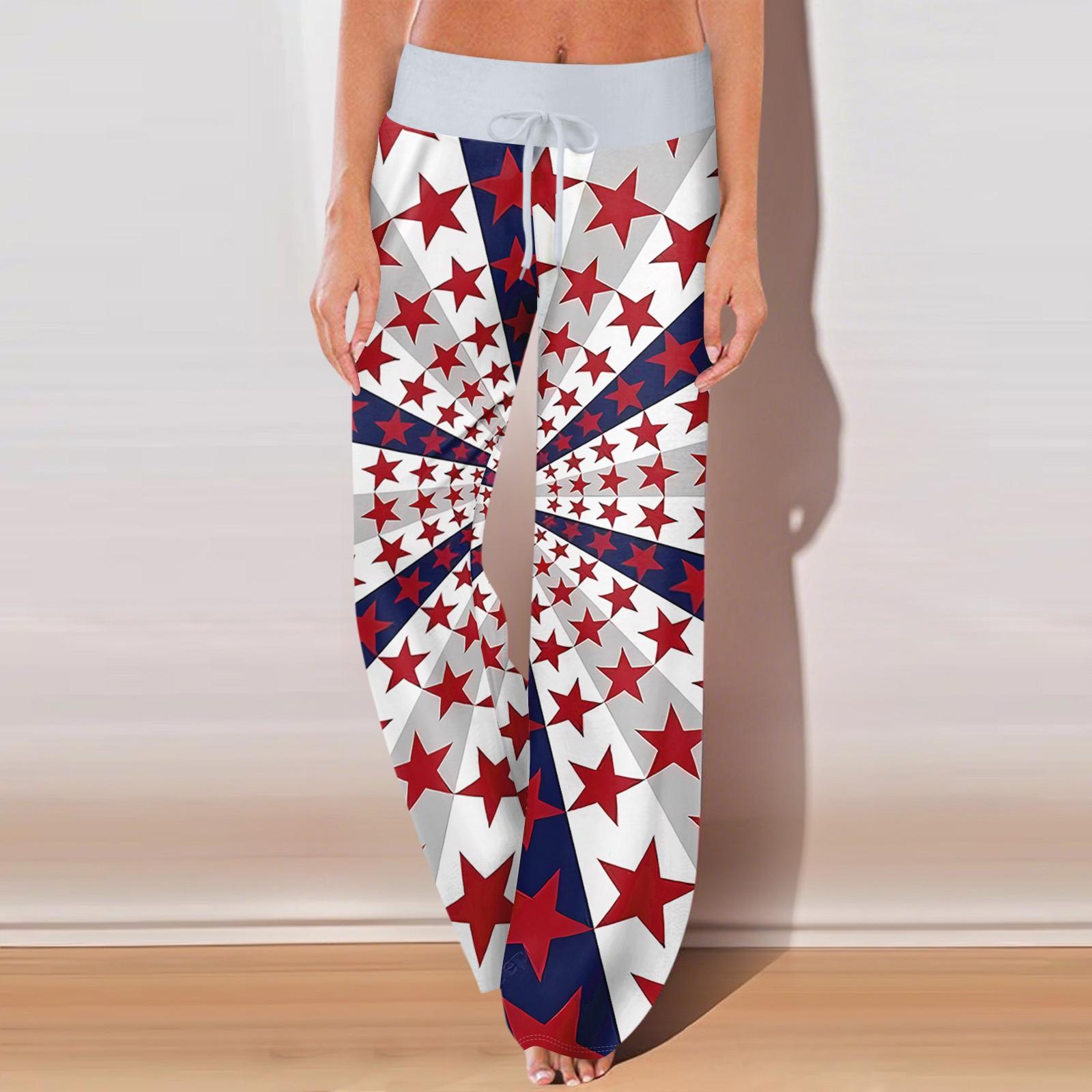 

Женские повседневные спортивные брюки с ретро-принтами, идеально подходящие для Дня независимости, с карманами и удлиненной длиной. M