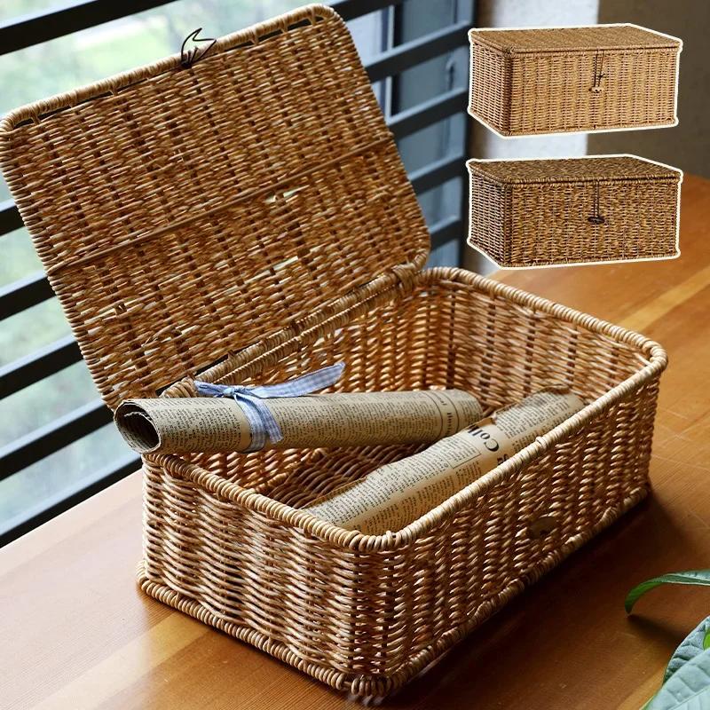 Large Storage Basket Rattan Woven Storage Box with Lid Stackable Sundries  Basket Storage Organizer Toy Container Orgainzation