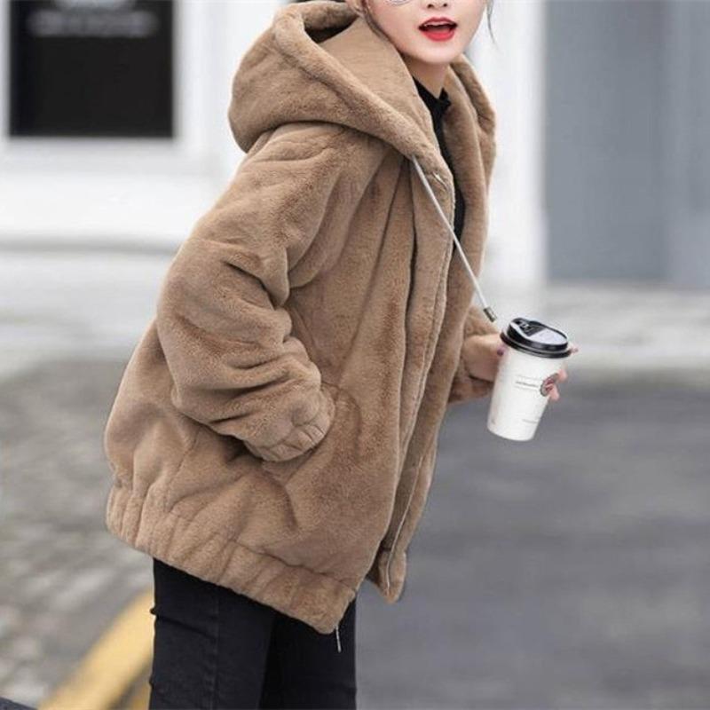 Fleece and thickened imitation rabbit fur hooded sweater jacket women's medium and long winter loose long sleeves
