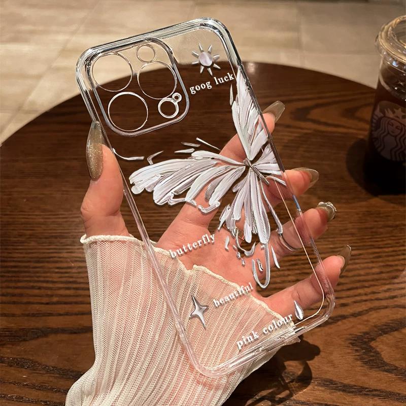 Oil Painting Butterfly Clear TPU Phone Case For IPhone 15 14 13 12 11 Pro Max X XR XS 8 7 Plus, Shockproof Protective Cover