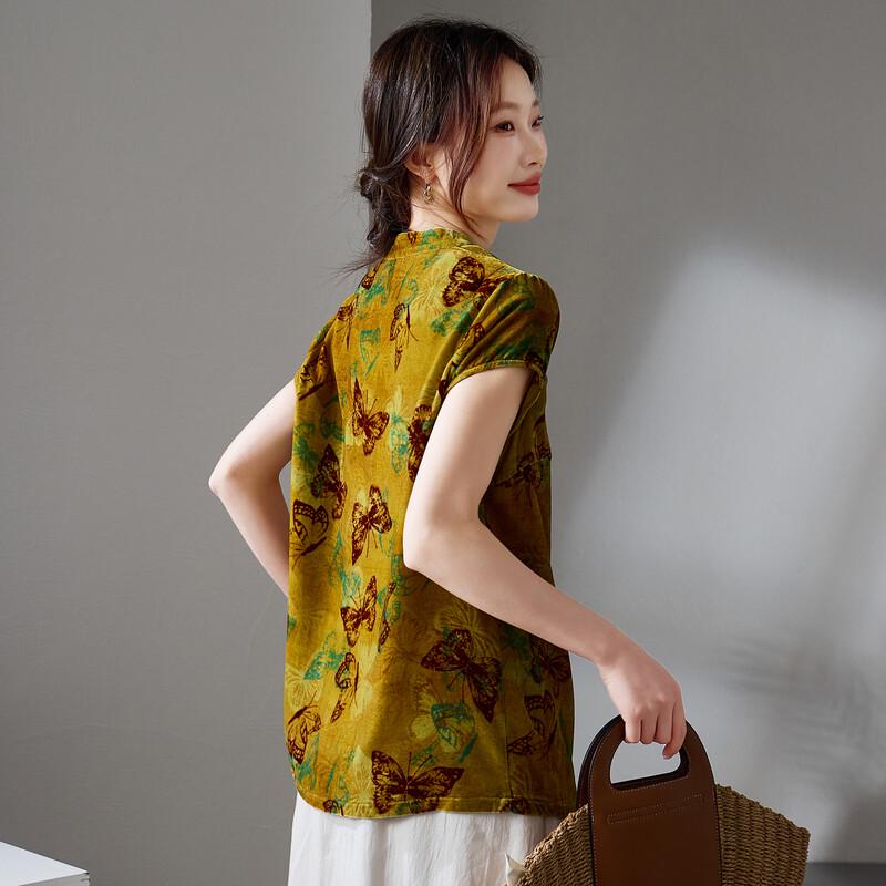 SOFSIL New Chinese Style Velvet Silk Printed Short Sleeve Shirt