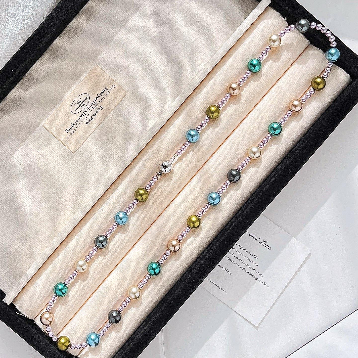 

High Quality Colorful Malachite Green Shijia Pearl Maillard Wind Necklace Collarbone Chain Neck Chain Sweater Chain Women