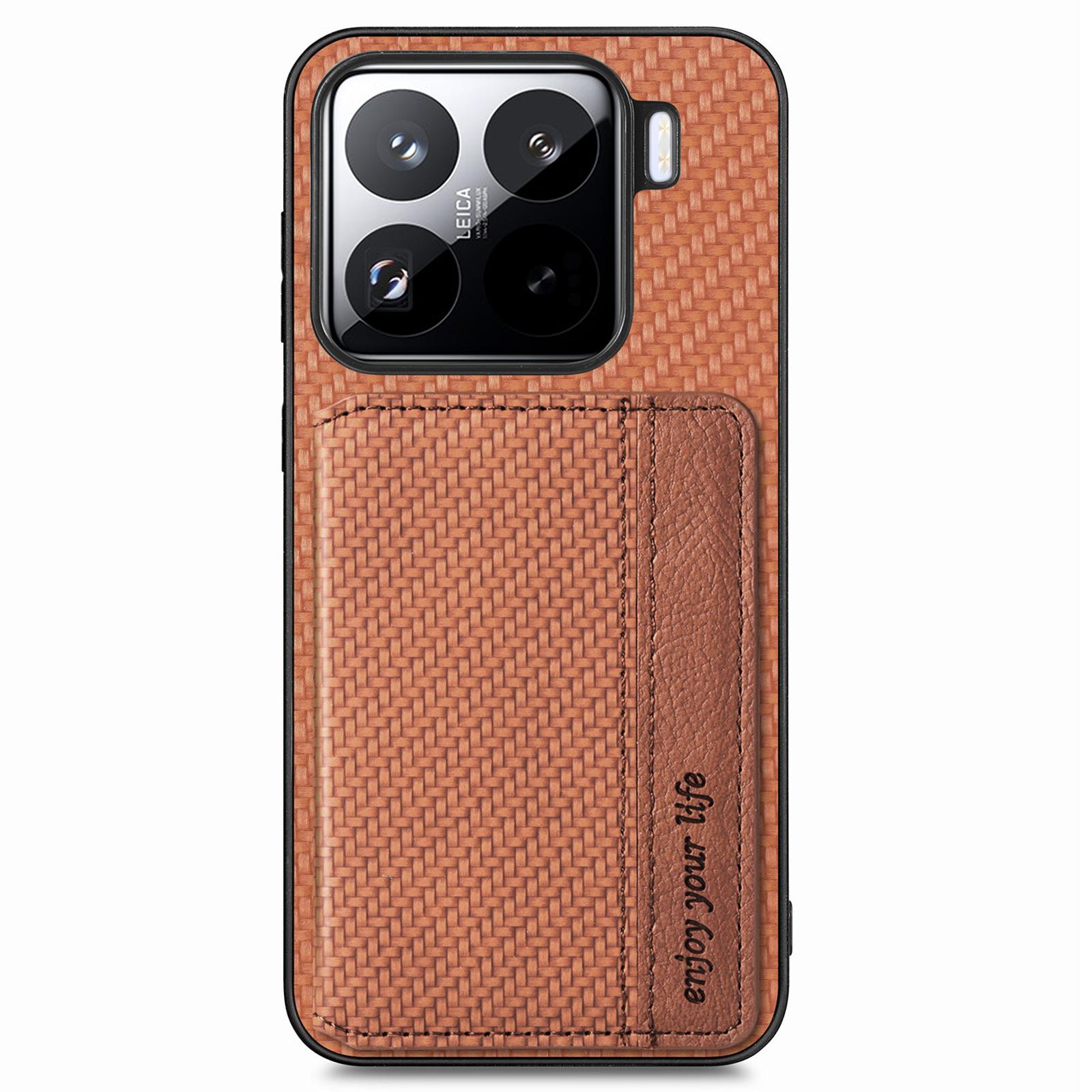 

For Xiaomi 15 Case RFID Blocking Card Holder Carbon Fiber Leather+PC+TPU Phone Cover Brown