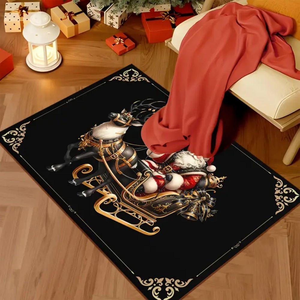 Christmas Happy Front Door Carpet Santa Claus Indoor Entrance Black Anti-Slip Floor Mat Holiday Home Decoration