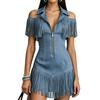 Damen Sexy Reißverschluss Vorne Umlegekragen Minikleid Frühling Hohl Off-Shoulder Quaste Partykleid Sommer Jeanskleid