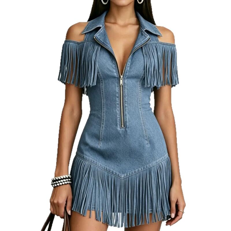 Damen Sexy Reißverschluss Vorne Umlegekragen Minikleid Frühling Hohl Off-Shoulder Quaste Partykleid Sommer Jeanskleid