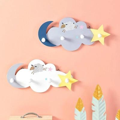 Creative Cloud Cartoon Wood Hook Wall Hanging Door Hat Coat Hook Bathroom Decoration Star and Moon Four Hooks
