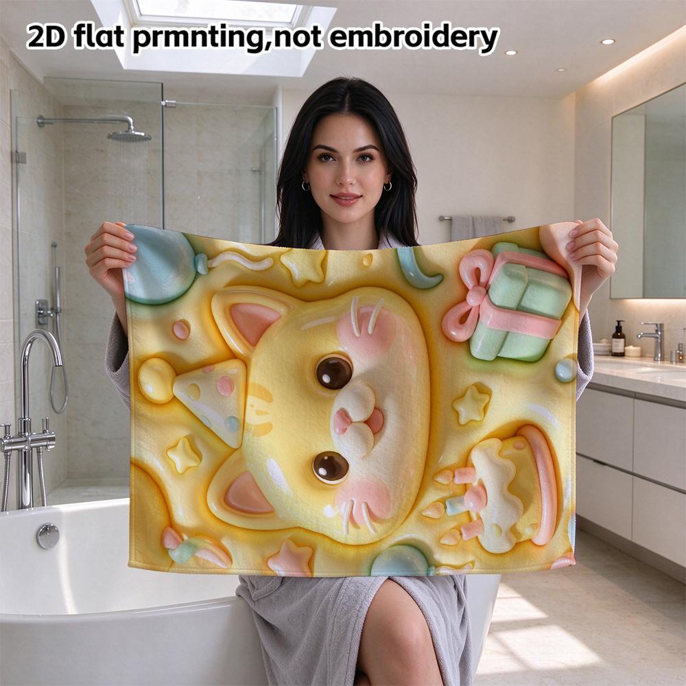 Cute Birthday Kitten Print Bath Towel, Soft Absorbent Quick Dry Hand Towel, Cartoon Cat Shower Towel