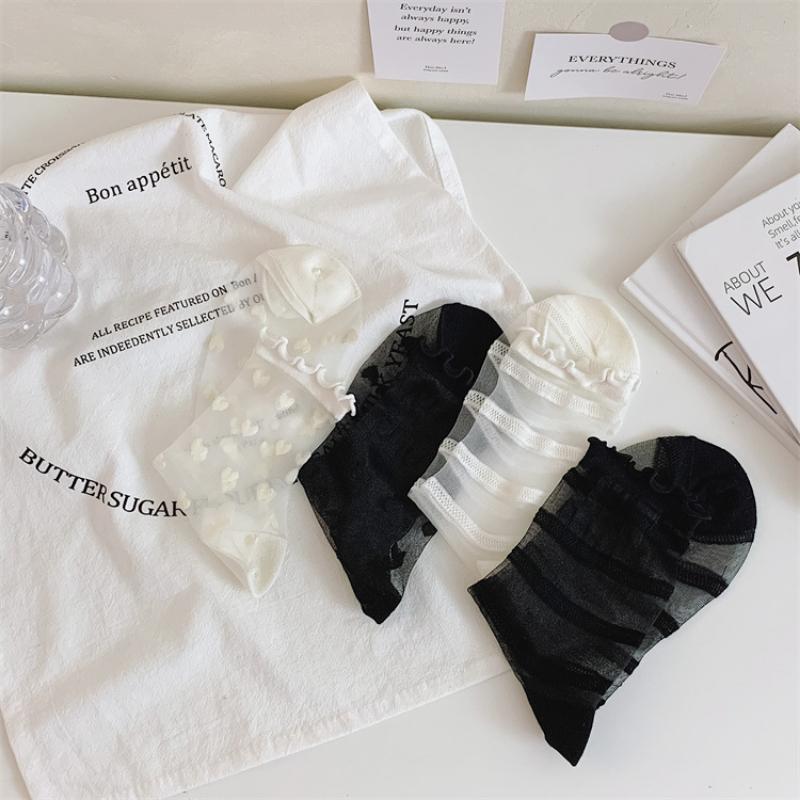 1 Pair Women's Lolita Summer Thin Crystal Glass Socks French Lace Ruffled Knee High Heart Stripes Sheer Mesh Socks for Girls