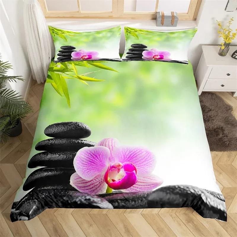 Zen Stones Duvet Cover Bamboo Phalaenopsis Bedding Set Meditation Quilt Cover Microfiber Tranquil Nature Artwork Bedspread Cover