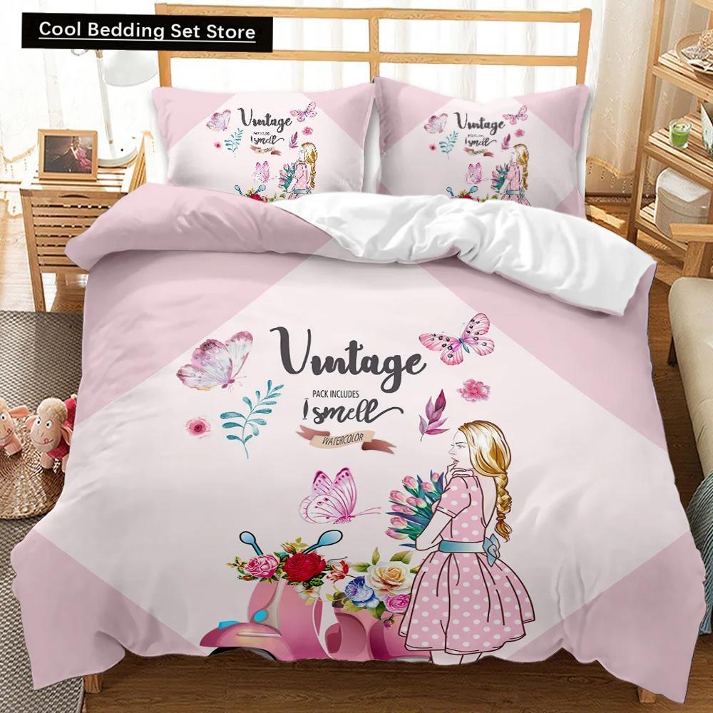 Girl Duvet Cover Set Pink Fashion Girl Sister Flowers Bedding Set Kids Girls Theme Double Queen King Size Polyester Qulit Cover