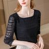 Lace Bottom Shirt for Women Straight Neckline Hollow Out Blouse Sexy Three Quarter Sleeve T-shirt