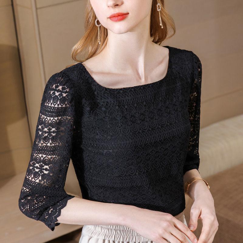 Lace Bottom Shirt for Women Straight Neckline Hollow Out Blouse Sexy Three Quarter Sleeve T-shirt