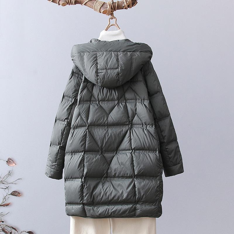 Fashion winter medium and long white duck down jacket women's fashion foreign style thick pressure glue hooded down warm jacket