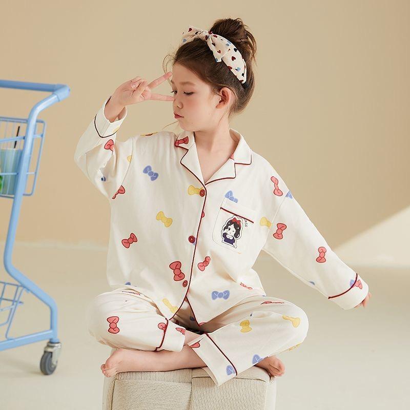 Autumn Long Sleeve Cartoon Pajamas Set for Girls - Cardigan Style, Wear Indoors or Out
