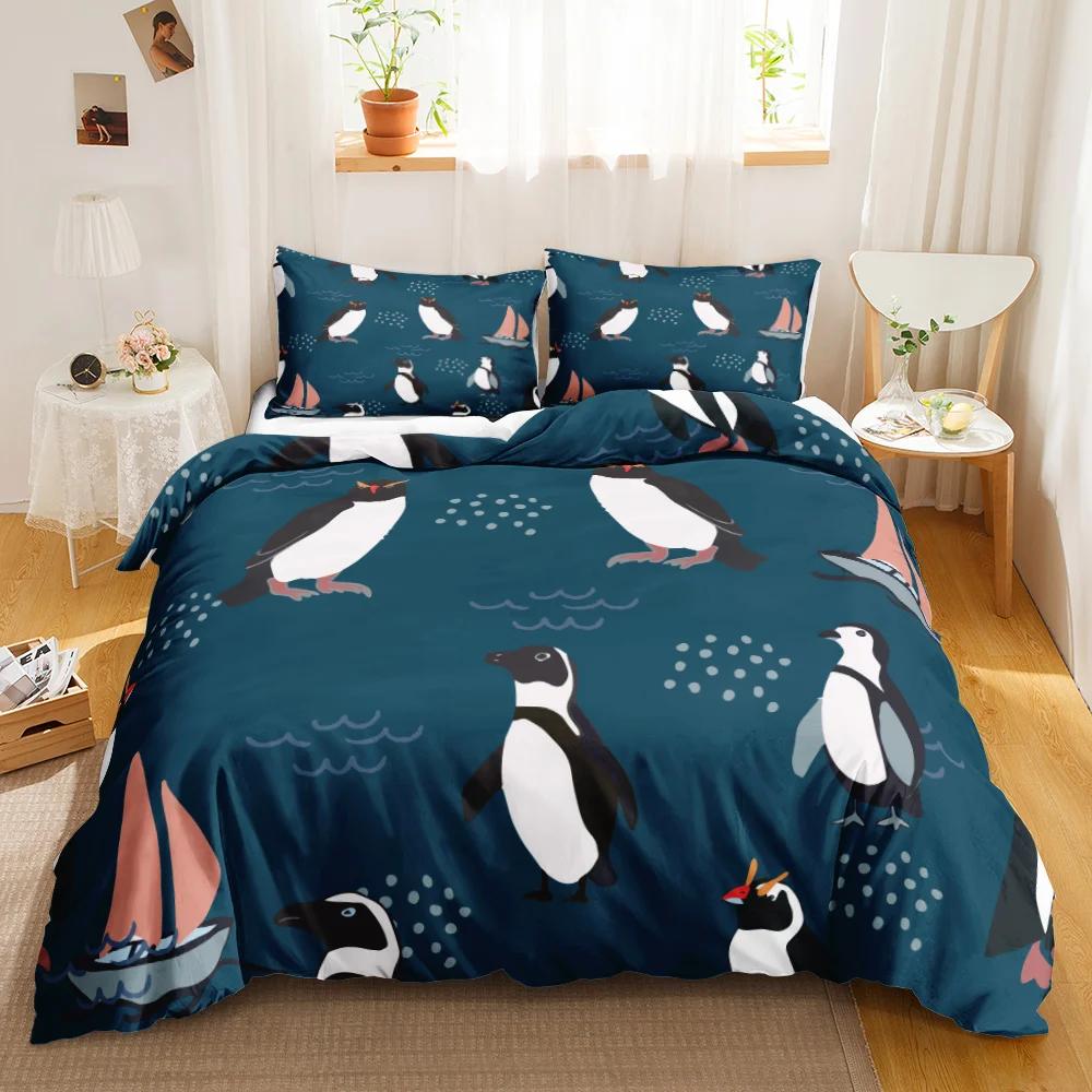 Penguin Duvet Cover Antarctic Animals Duvet Cover For Kids Boys Girls Cartoon Style Twin Size Winter King Polyester Qulit Cover