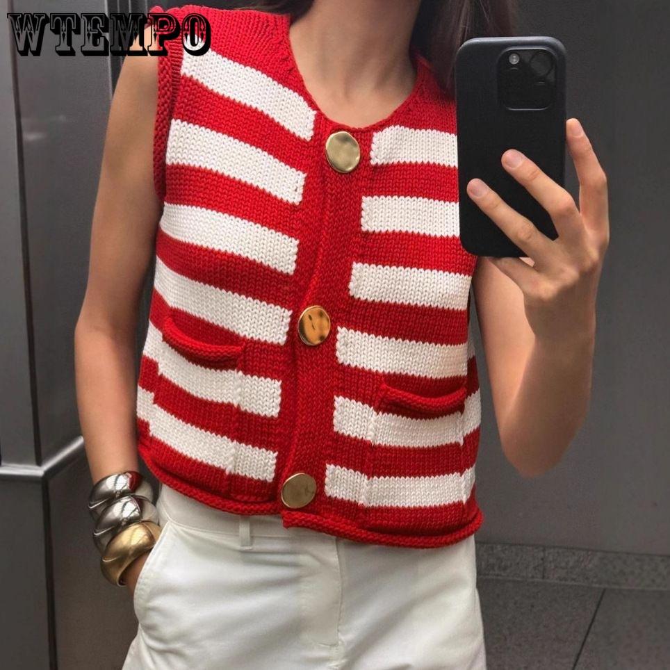 Wiosenno-jesienna codzienna damska kamizelka swetrowa w paski bez rękawów, dziergana kamizelka top dla kobiet
