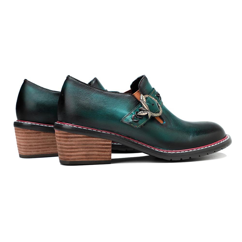 Johnature Zapatos de tacón de cuero genuino para mujer, zapatos de primavera Retro con punta redonda, Color sólido, hechos a mano, zapatos de ocio Silp-on