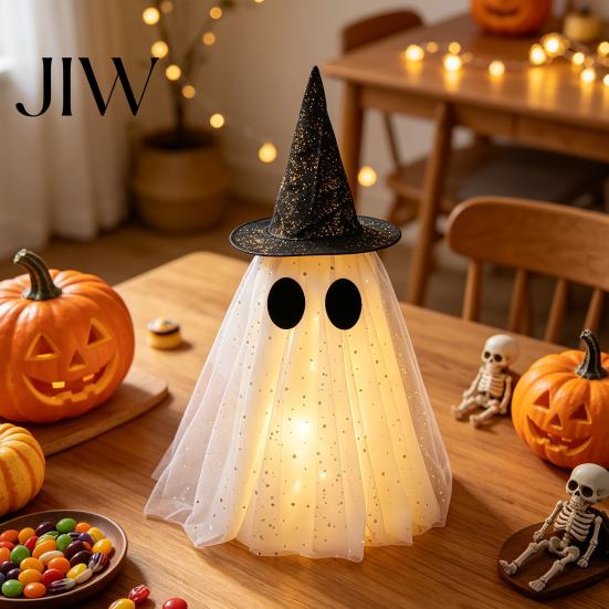 Strašidelná atmosféra Halloweenské ozdoby Duchí dekor, Strašidelná síťovina s flitry a kloboukem čarodějnice/mašlí, Třpytivá stolní dekorace Malá stojící dekorace