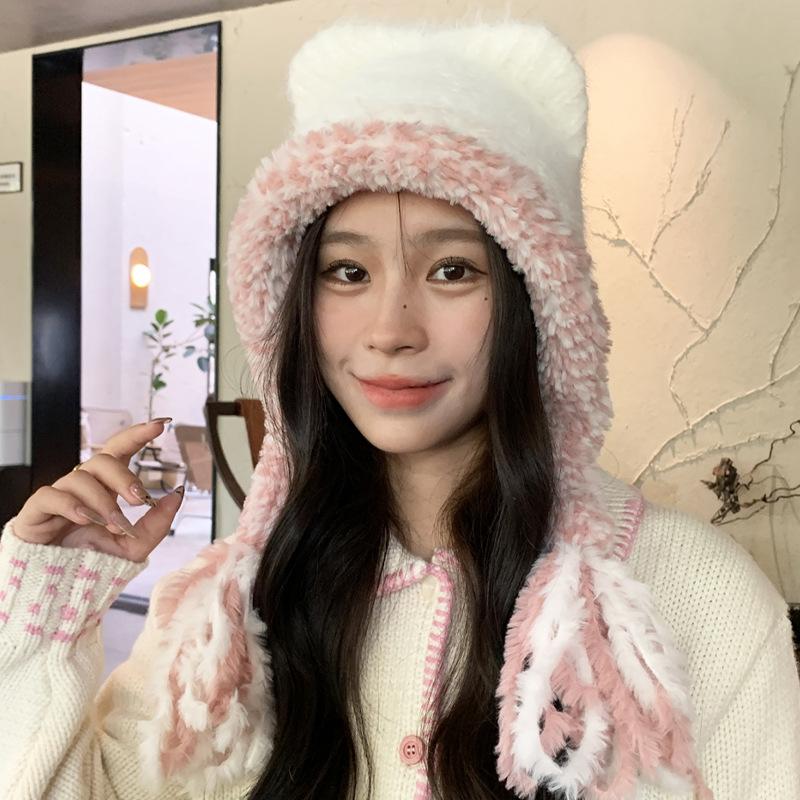 Cute Plush Hat Women's Autumn and Winter Colorful Fringed Braids Knitted Pullover Hat Ear Protector