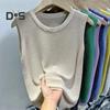 Women Vest Tops Round Neck Sleeveless Solid Color Loose Fit Ice Silk Tank Tops Breathable Versatile Vest