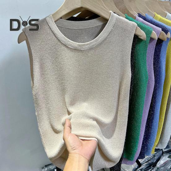 Women Vest Tops Round Neck Sleeveless Solid Color Loose Fit Ice Silk Tank Tops Breathable Versatile Vest