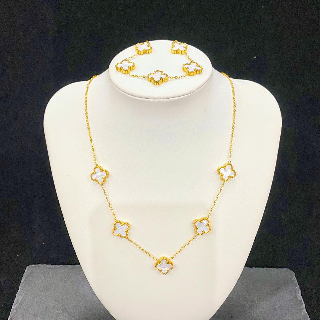 

2шт титановый стальной клевер двухсторонний модный роскошный ювелирный комплект ожерелье браслет necklace+bracelet белый