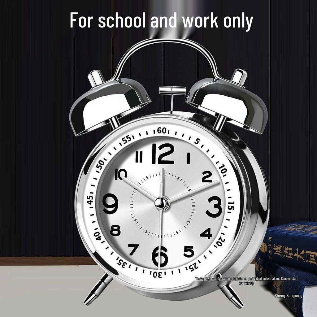 Luminous Silent Metal Ringing Alarm Clock for Student Dormitory or Children's Room, Rechargeable with Snooze Feature