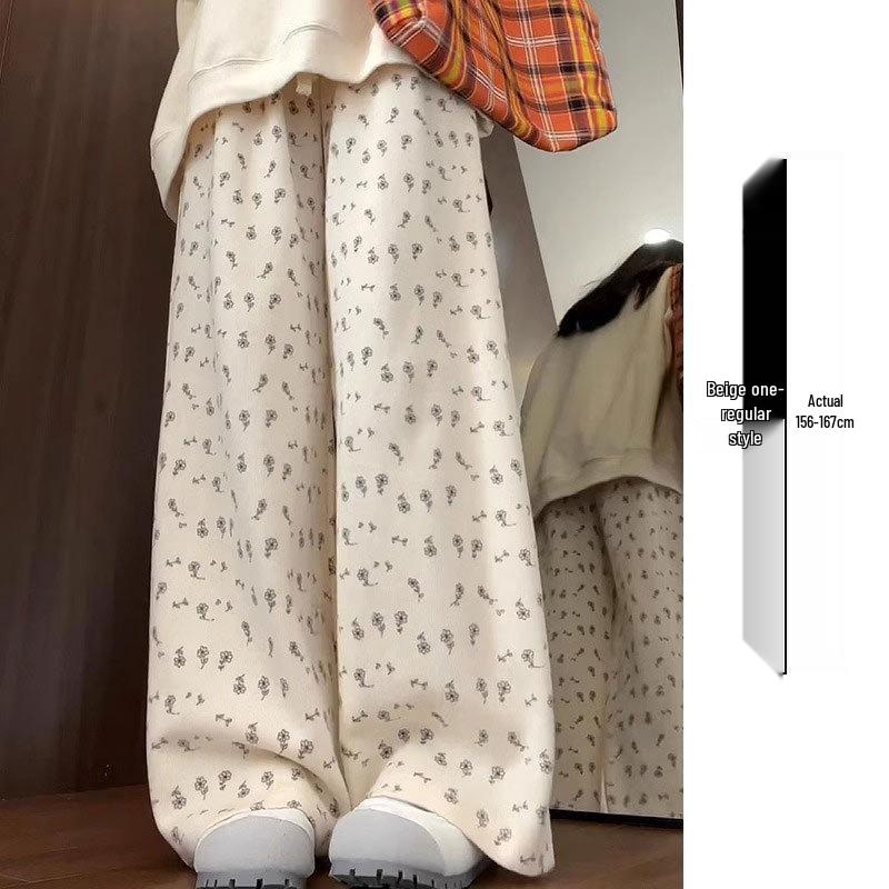 Petite White Floral Wide-Leg Women's Sweatpants: New Loose Casual Straight-Leg Pants for Spring, Summer, Autumn 2025
