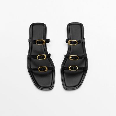 Buckle Strap Flat Slippers For Women 2024 Summer Round Head Open Toe Slipper Women New Leisure Black Indoor Sandals Shoes