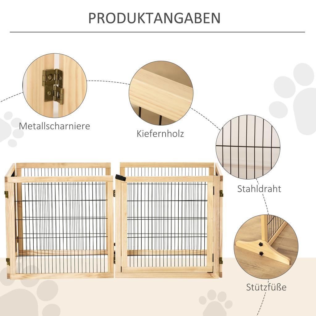 Wooden Pet Gate, Freestanding Dog Security Barrier with Two Support Feet - Natural Tone