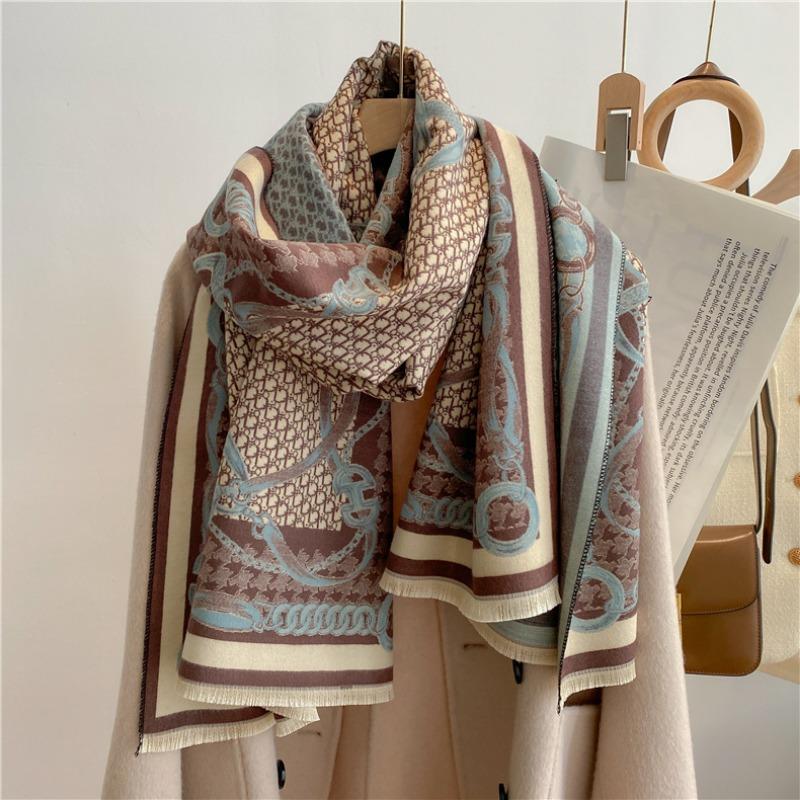 Imitation cashmere winter scarf, double-sided jacquard letter chain, air conditioner shawl, thick style warm scarf