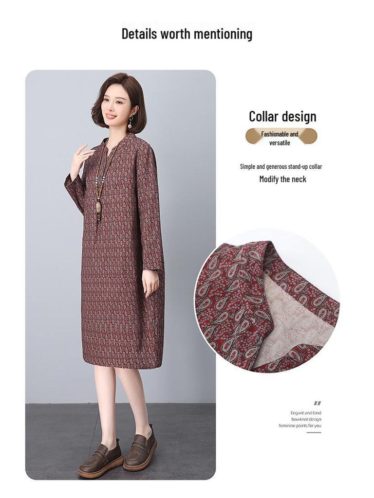2025 New Style V-Neck Printed Dress for Women - Age-Reducing, Belly-Covering, Loose Casual Wear for Middle-Aged Moms in Spring & Autumn