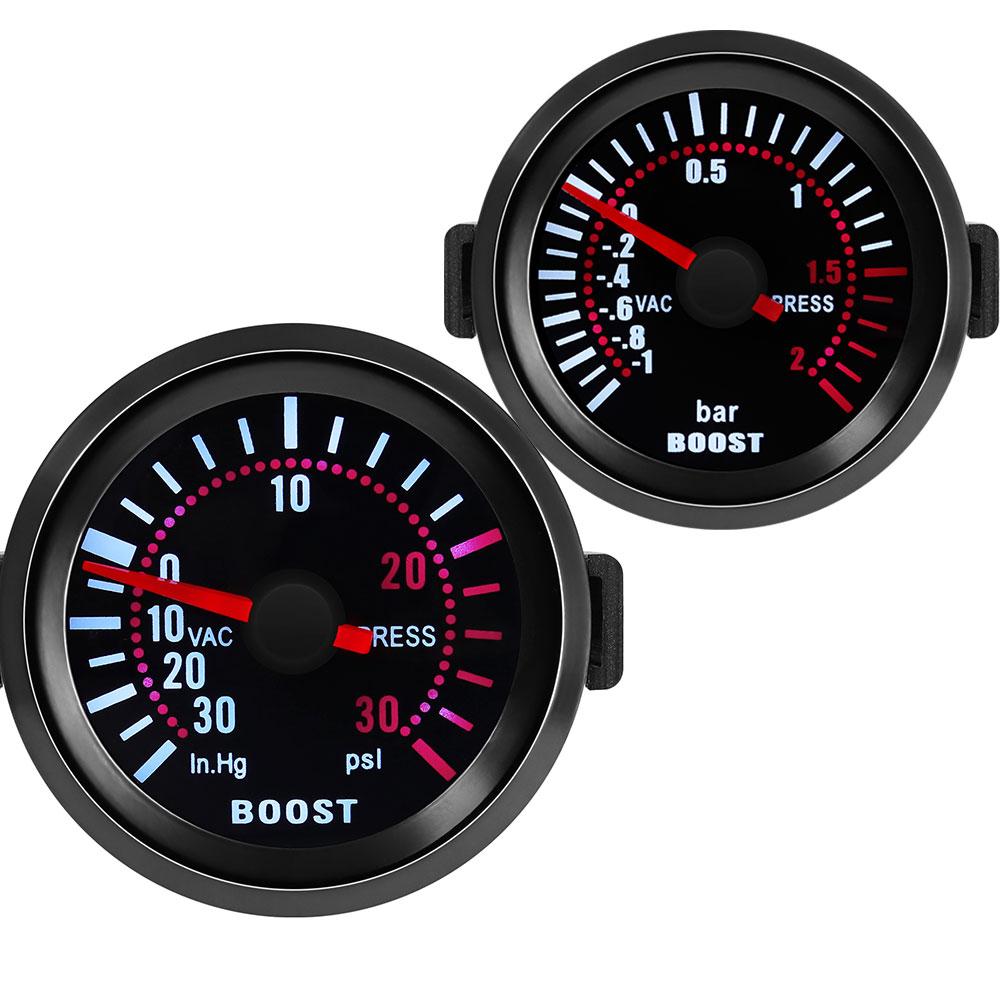 Turbo Boost Gauge -1 To 2 Bar -30-30 PSI In.Hg White LED Black Face 52mm Car Boost Meter with Sensor for Gasoline Racing Car 12V
