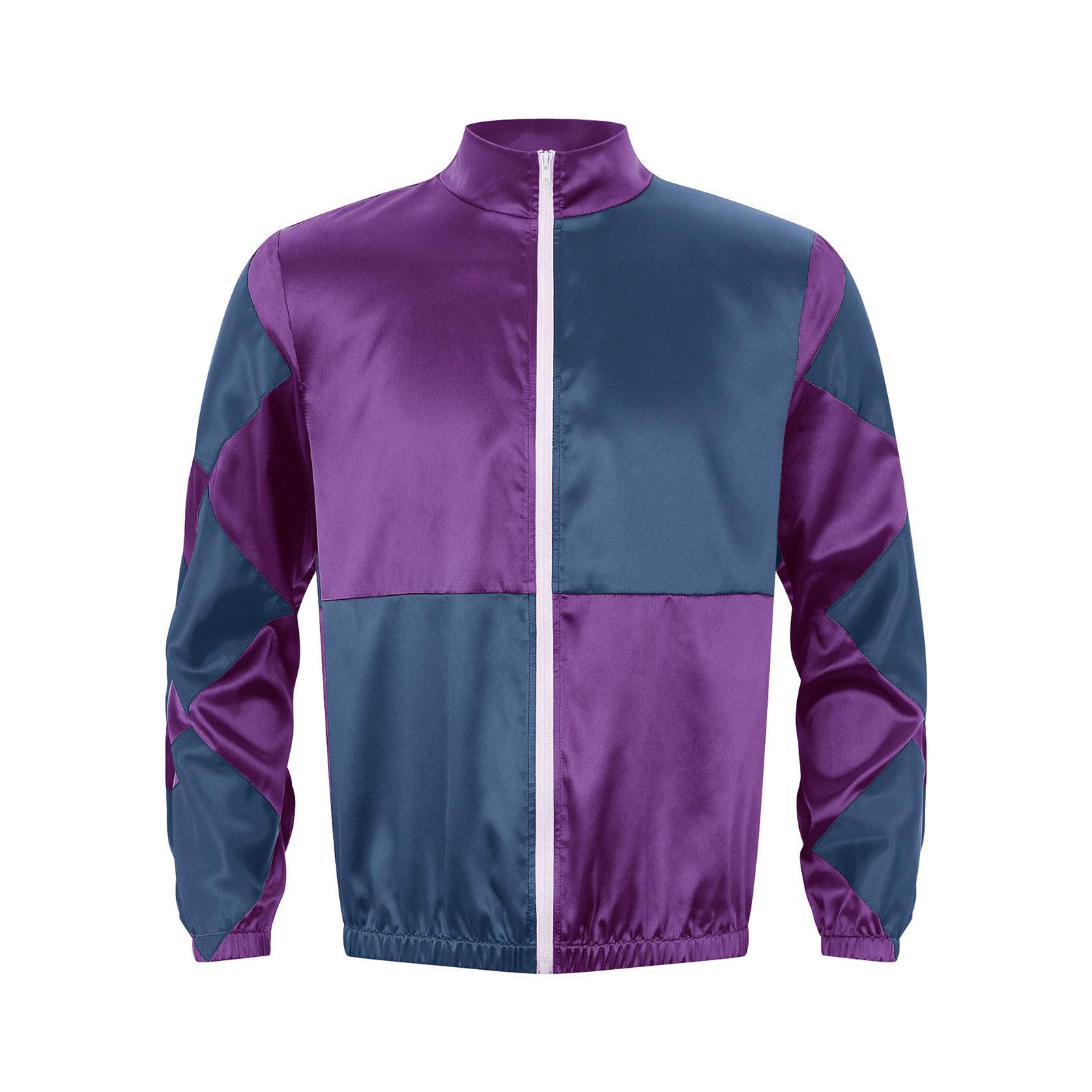 

Men Satin Jacket Horse Trainer Style Contrast Checkerboard Pattern Front Zipper Outerwear Equestrian Costume M темно-синього кольору/фіолетовий