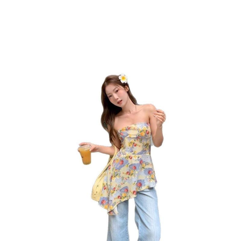 Summer Fresh and Sweet Age-reducing Floral Design Tube Top with Suspenders for Women Gender-neutral Irregular Hem Waist-cinching Top