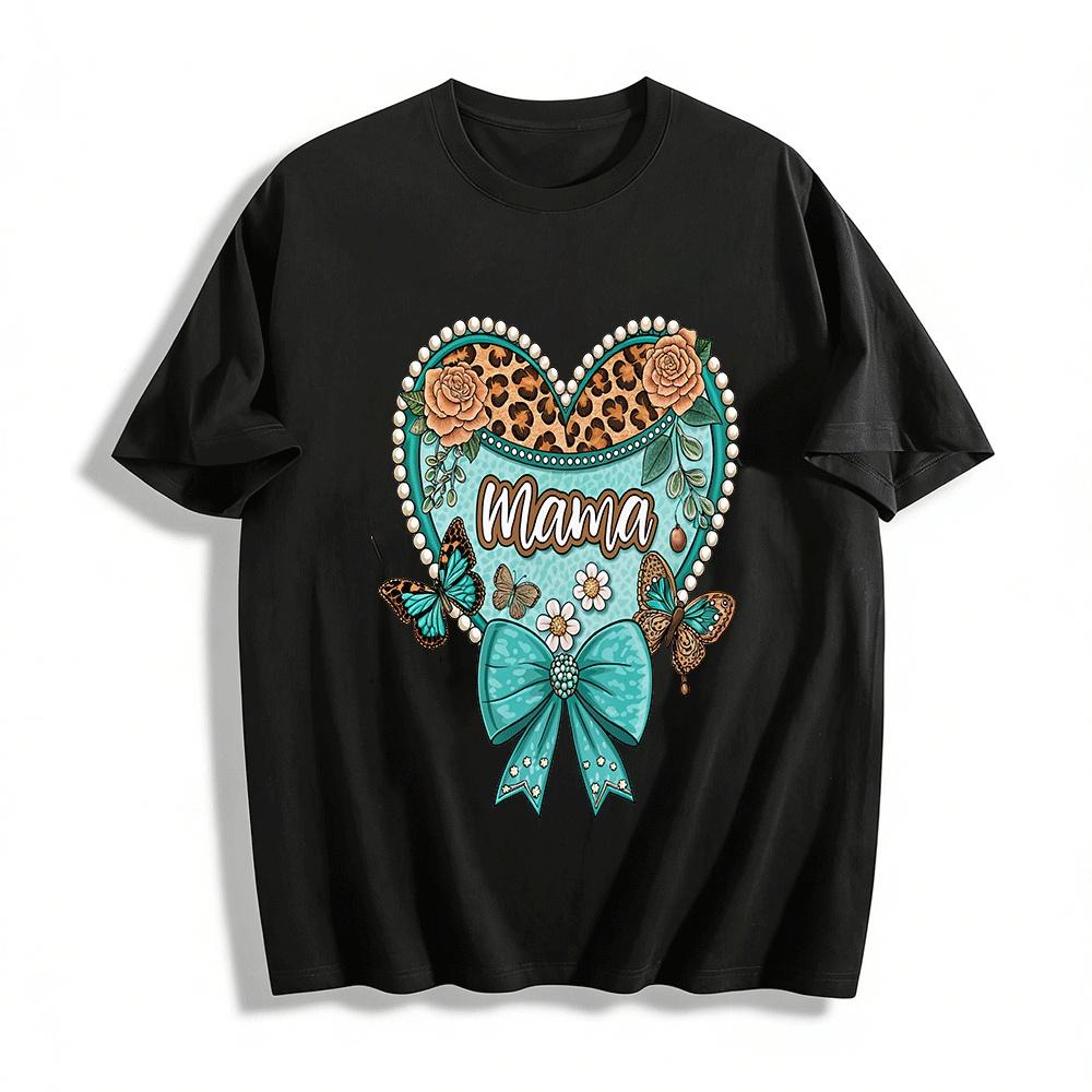 

Leopard Print Butterfly Heart Mama Graphic Casual Women s Top Pure cotton T-shirt XXS