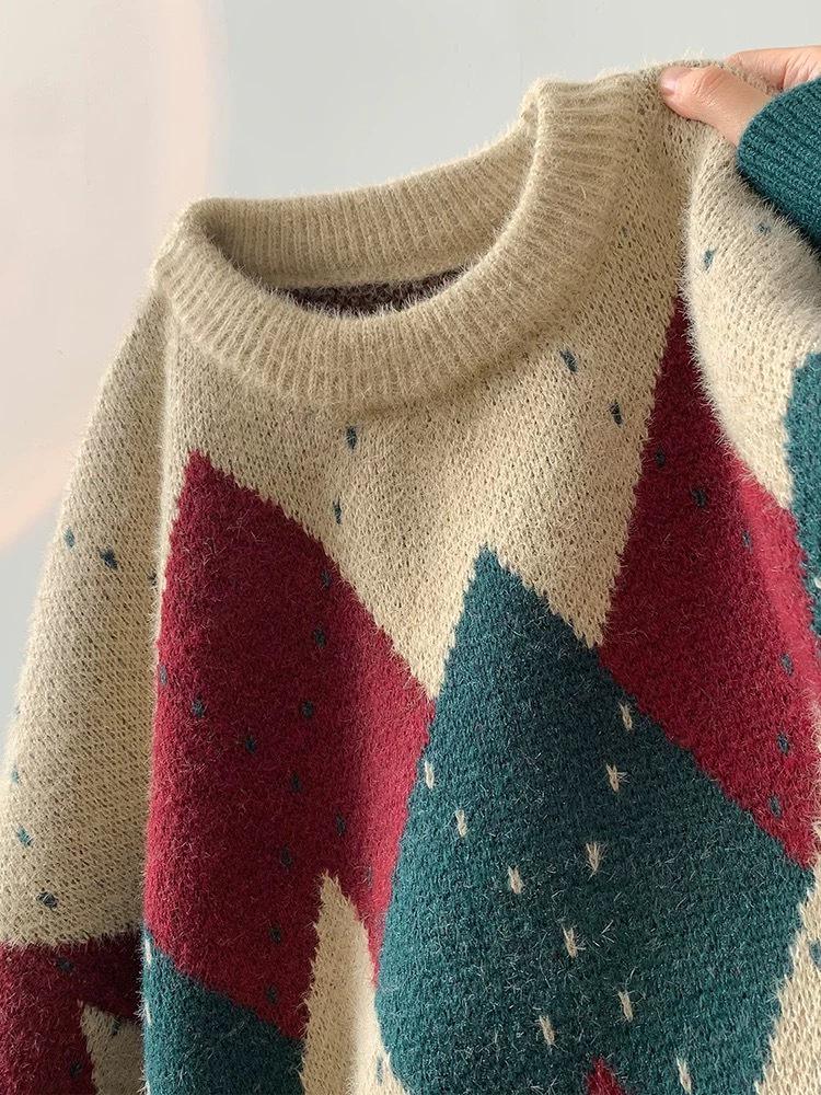 Retro Plaid Diamond Christmas Sweater: Autumn/Winter Loose Knitwear, Thick & Stylish.