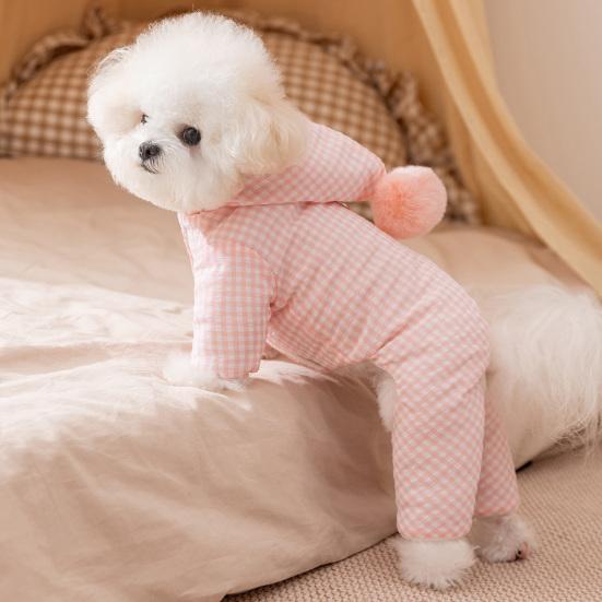 jijijing Hooded Plaid Pet Jumpsuit, Dog Four Legged Apparel, Cozy Hoodie with Pompom, Plush Lined Onesie Clothes for Small Dogs Autumn Winter Wear