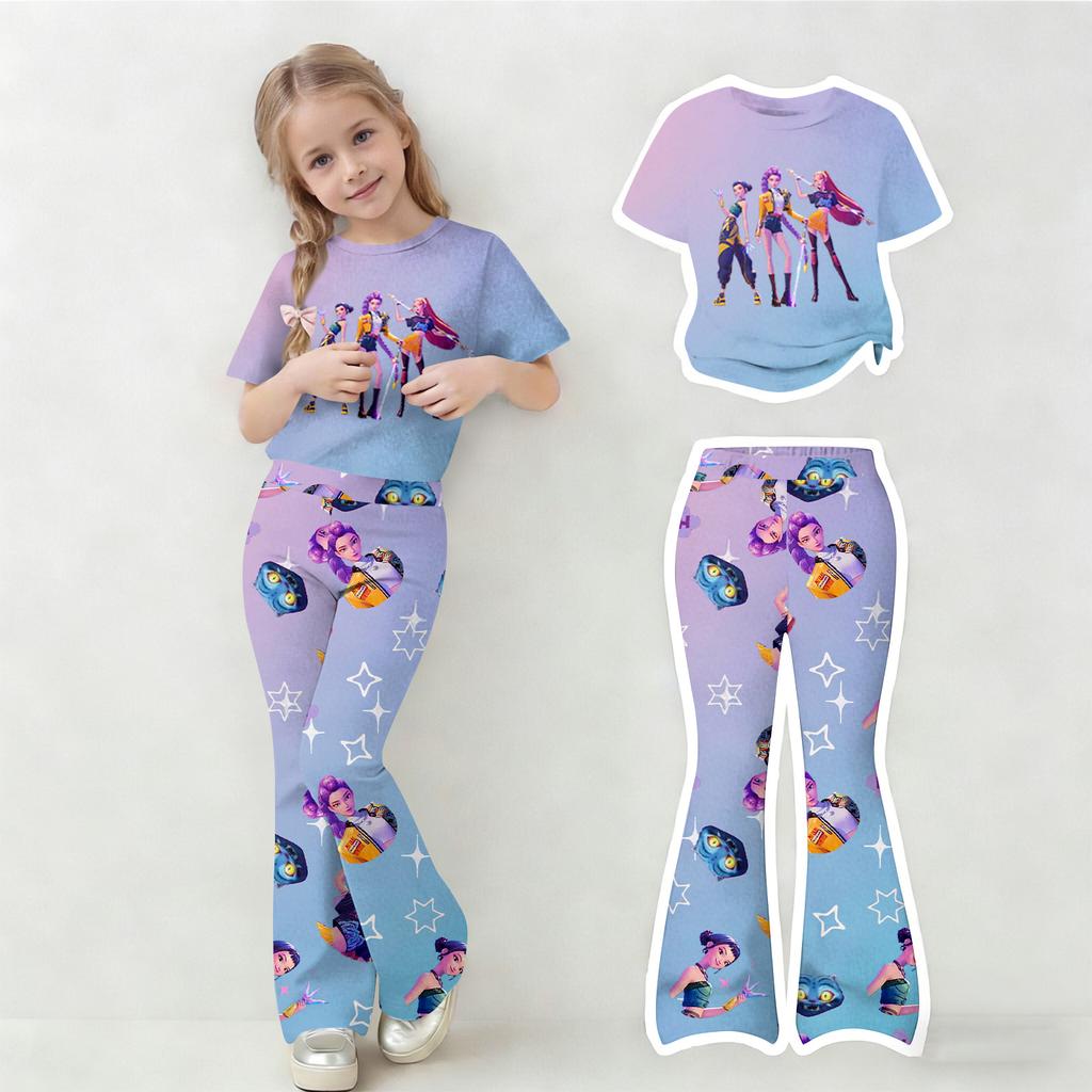 Children's Summer Sports T-Shirt And Bell-Bottom Pants Two-Piece Athletic Set Short Printed Clothing Set