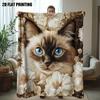 Scottish Cat and Cream-Colored Floral Throw Blanket - Soft Flannel - Suitable for All Seasons As Bed Cover, Ideal for Pet Lovers