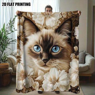 Schottische Katze und cremefarbene Blumendecke - Weiches Flanell - Geeignet für alle Jahreszeiten als Bettüberwurf, Ideal für Tierliebhaber