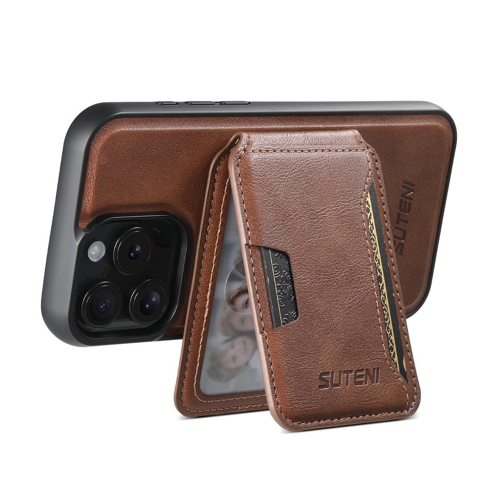SUTENI M3 For iPhone 15 Pro Max Magnetic Case Cowhide Texture Leather Back Cover with Card Bag Kickstand