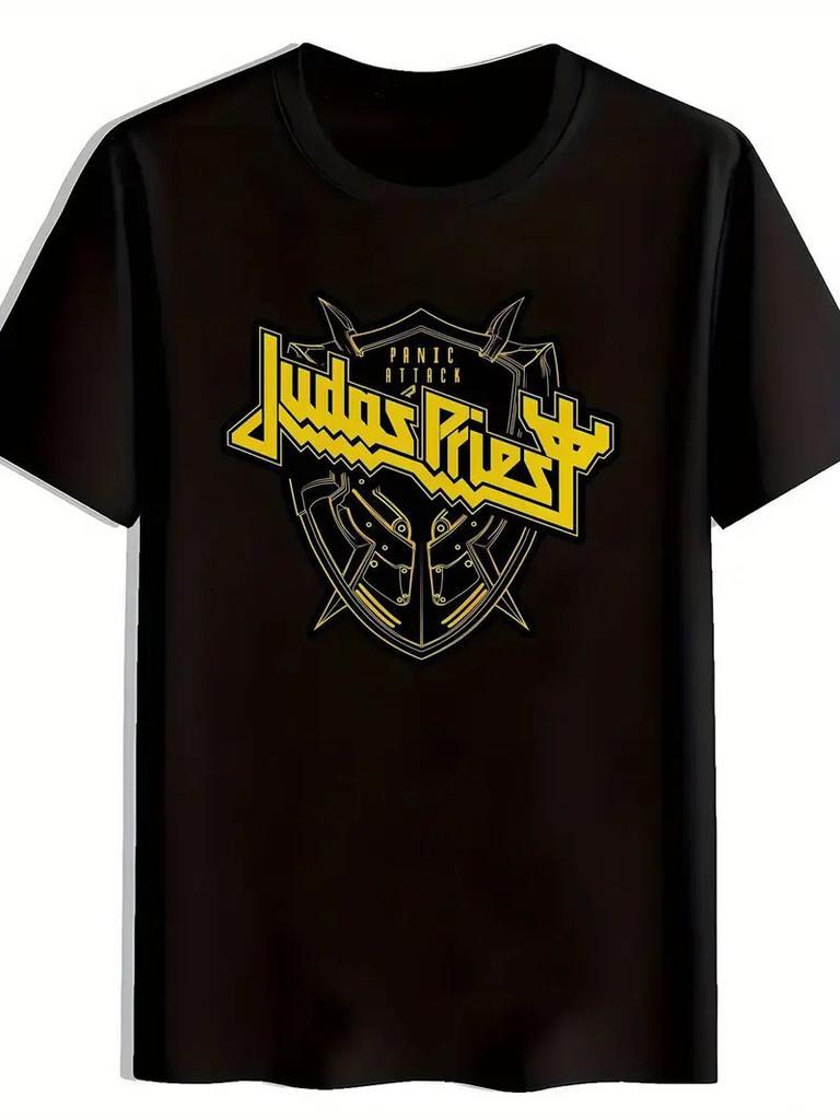 Męska Czarna Koszulka z Graficznym Nadrukiem Zespołu Rockowego - Wzór z Logo Judas Priest, Krótki Rękaw C
