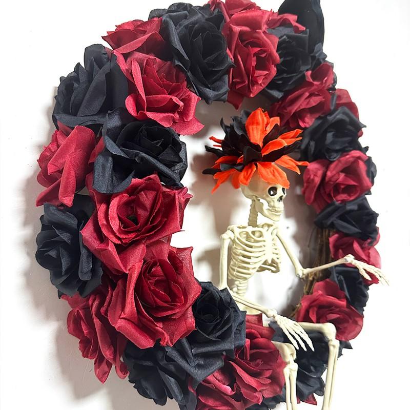 Halloween Skull Wreath With Red Roses Crow Decorations Party Home Door Wall Display